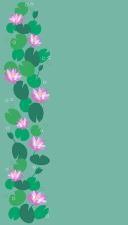Tropical pond with exotic flowers, pink lotuses, leaves. Vertical background for travel business. Vector illustration in flat style for design of social networks, travel agency, floral natural patternのイラスト素材