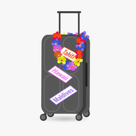 Large suitcase for travel on white background. Colored wreath, beads from orchid flowers. Vector illustration for design of social pages, travel agencies, postcards, stickers.のイラスト素材