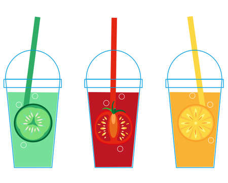 Set of glasses with juice and straw. Glass with lid with tomato, cucumber and orange juice. Vector image, for cafe, restaurant menu design. Illustration in bright summer colors on white background.のイラスト素材