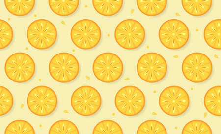 Seamless pattern of slices of fresh orange on light background with small decor. Vector illustration for textile packaging.のイラスト素材