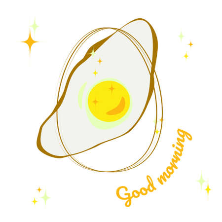 Whole egg and scrambled eggs for breakfast. Set of illustrations in flat cartoon style. Good morning wishes. Vector drawing for social networks, posters, textiles.のイラスト素材