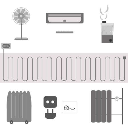 Set of climate technology. Devices for comfortable stay and living in an apartment if street is hot or cold. Vector illustration for web design, catalog design.のイラスト素材