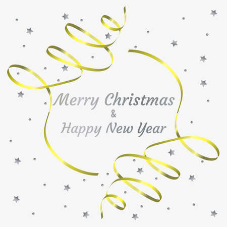 Banner Merry Christmas and Happy New Year with decorations of golden serpentine and silver stars and confetti on white background. Vector illustration for cards, advertisements, invitations, packagingのイラスト素材