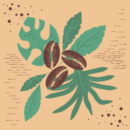 Set of green tropical leaves, brown coffee beans. Eco friendly, natural pure product. Vector illustration for menu design, advertising, print for textiles, t shirts.のイラスト素材