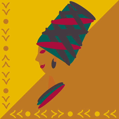 Profile of an African woman in national headdress. Trendy colors, national decor. Vector illustration for design of social networks, print on clothes, t-shirt.のイラスト素材