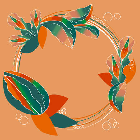 Floral round frame. Fantastic tropical variegated leaves and flowers, wreath on coral background. Vector illustration.のイラスト素材