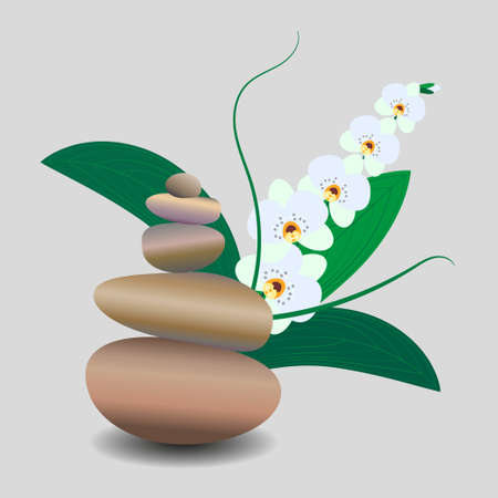 Zen stone balance, delicate white orchid flower. 3D image of stones, flowers. Vector illustration for spa salons, yoga studios, relaxation studios.のイラスト素材