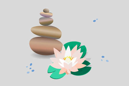 Zen stone balance, delicate white lotus flower, water lily. 3D image of stones, flowers. Vector illustration for spa salons, yoga studios, relaxation studios.のイラスト素材