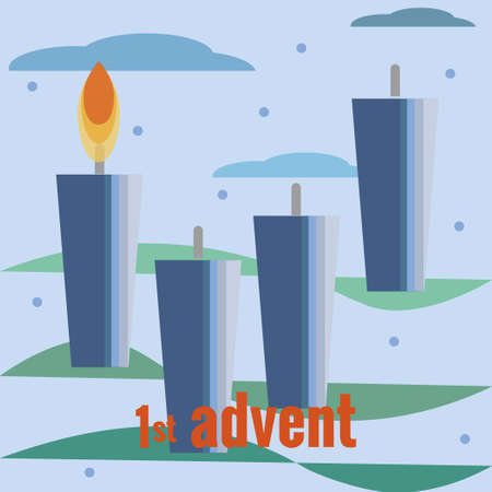 First Sunday of Advent. Four candles, one burning candle, snow, clouds, Christmas tree branches. Vector illustration in flat style. Christmas countdown, for social networks, banners.のイラスト素材