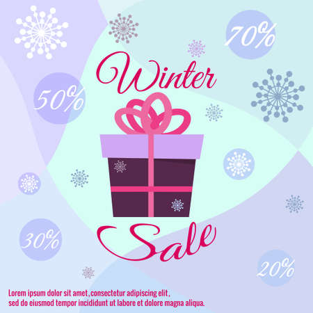 Winter sale banner. Gift in box, snowflakes, balls, discounts, interest, text, decor. Vector illustration for New Years, Christmas sales, magazines, websites, banners. Trendy blues, pinks and purple.のイラスト素材