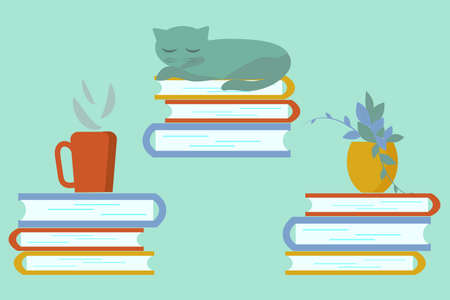 Book library, stacks of books, sleeping cat, potted plant, hot drink in cup. Vector illustration for design of home cozy environment, interior, advertising.のイラスト素材