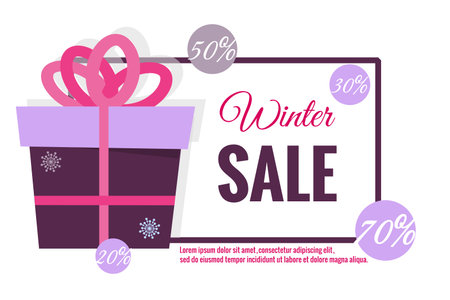 Winter sale banner. Gift in box, snowflakes, balls, discounts, percentages, text, frame. Vector illustration for New Years, Christmas sales, magazines, websites, banners. Trendy blue, pink, purple.のイラスト素材