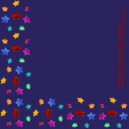 Festive background with star decor corner and place for text. Bright confetti on dark blue background. Vector illustration for postcard, advertisement, banner, sale.のイラスト素材