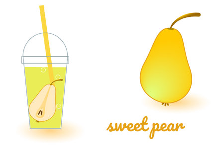 Set of images of glass with sweet pear juice and whole pear. Illustration in bright colors on white background. Vector illustration for design of fresh product, juice, canned food, menu for cafe.のイラスト素材