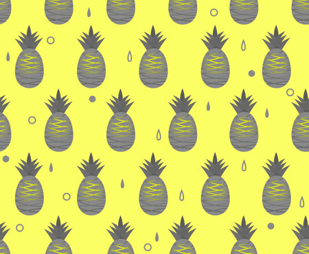 Seamless pattern of tropical fresh pineapples of gray and yellow color on gold background with decor. Vector illustration for textile, packaging.のイラスト素材