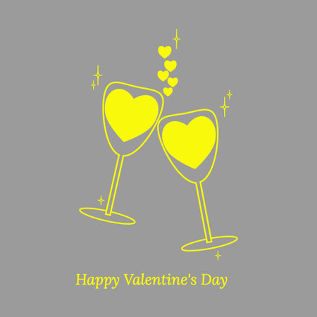 Romantic image for Valentine's Day. Two glasses with wine in shape of heart, stars and decor of hearts. Set of elements for holiday of February 14 for design of cards, posters, flyers. Vector pattern.のイラスト素材