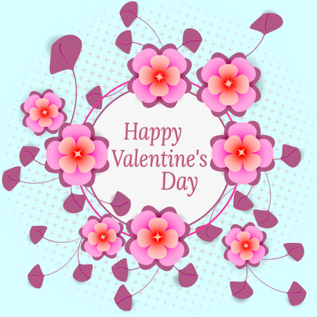 Wreath of pink flowers and leaves, text Happy Valentine's Day, decor. Romantic frame for design of card, banner for holiday. Vector illustration in trendy colors.のイラスト素材