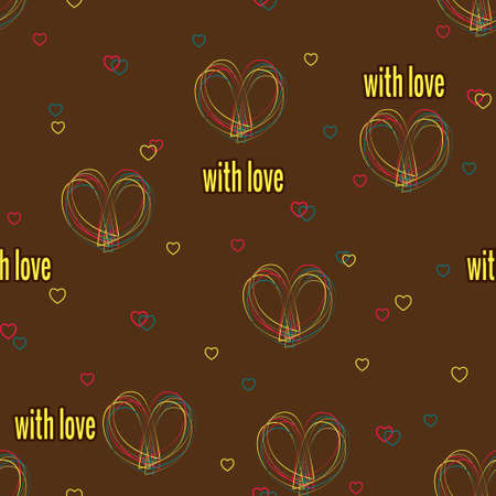 Memphis background with contours of hearts and two halves of hearts. Seamless pattern for greeting cards, wrapping paper. Vector illustration in bright neon colors with text With love.のイラスト素材