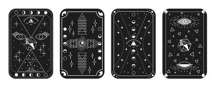 Template of drawings for Tarot cards. Set of magic items, hourglass, crystal. Opening of third eye of soul, phases of moon, celestial spheres, stars. Vector illustration for design of esoteric scienceのイラスト素材
