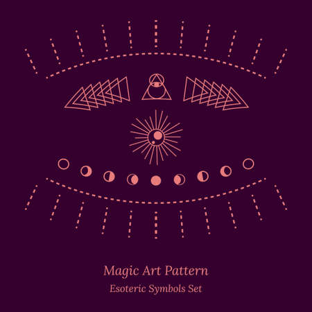 Different images of opening of third eye, symbol of soul in esoteric and general view. Moon phases. Illustration of magic session, look into future, connection with universe. Vector drawing for tarotのイラスト素材