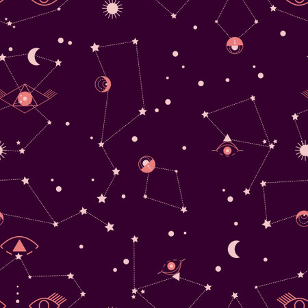 Set of abstract constellations associated with third eye, celestial objects, stars, sun, moon. Magical third eye, symbol of soul in esoteric science. Seamless vector pattern for tarot cards design.のイラスト素材