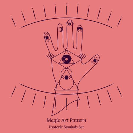 Set of esoteric symbols for fortune telling by hand. Illustration of magic session, look into future, connection with universe, hand and palmistry signs. Vector drawing for tarot cards, web pages.のイラスト素材