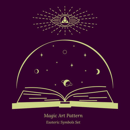Illustration of spiritual session. Magic book about magic, connection of stars, planets with destiny. Opening third eye of soul. Vector drawing in outline style for design of tarot cards, social pagesのイラスト素材