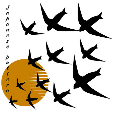 Minimalistic pattern in Japanese style. Flock of swallow birds fly into bright sun. White background and black birds. Vector illustration, birds in form of hieroglyphs.のイラスト素材