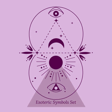 Set of esoteric, magical symbols. Opening of third eye, influence of nature, stars, planets, Sun, Moon. Vector drawing in outline style for tarot cards design, social networks, web groups.のイラスト素材