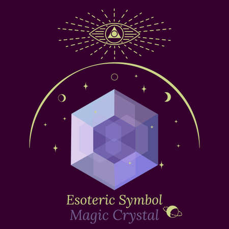 Template of magic crystal for spiritual session, fortune-telling. Faceted crystal glows with facets, third eye is reflected in sky. Vector drawing for design of social networks, groups, web pages.のイラスト素材