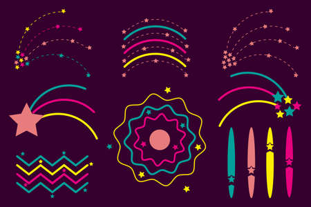Set of pattern of celestial and optical phenomena, comet, meteor, northern lights, aureole, rainbow on dark background. Vector illustration for design, decoration of banners, books, postcards.のイラスト素材