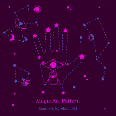 Set of esoteric symbols for fortune telling by hand. Illustration of magic session, look into future, connection with universe, hand and palmistry signs. Vector drawing for tarot cards, web group.のイラスト素材