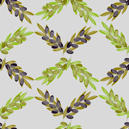 Olive tree branches with green and ripe olives. Seamless vector illustration in pastel green and purple colors for design, farmers market, food labels, banners, stickers, textiles in watercolor style.のイラスト素材