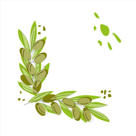Olive branches with olives, abstract background Mediterranean landscape. Vector illustration in trendy pastel green colors for design, farmers market decoration, food labels, banners, stickers.のイラスト素材