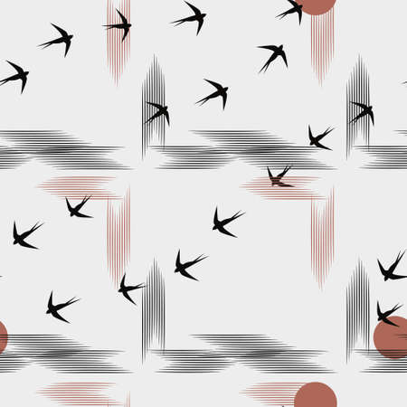 Minimalistic pattern in Japanese style. Flock of swallows flies to bright sun, forest, mountains, clouds. White background and black birds. Vector seamless illustration, birds in form of hieroglyphs.のイラスト素材