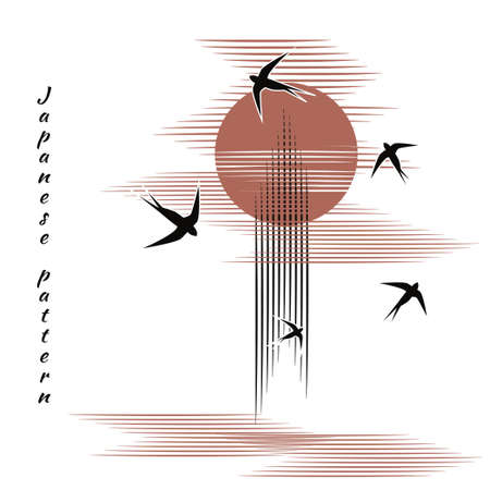 Minimalistic pattern in Japanese style. Flock of swallows flies to bright sun, tree, mountains, clouds. White background and black birds. Vector illustration, birds in form of hieroglyphs.のイラスト素材