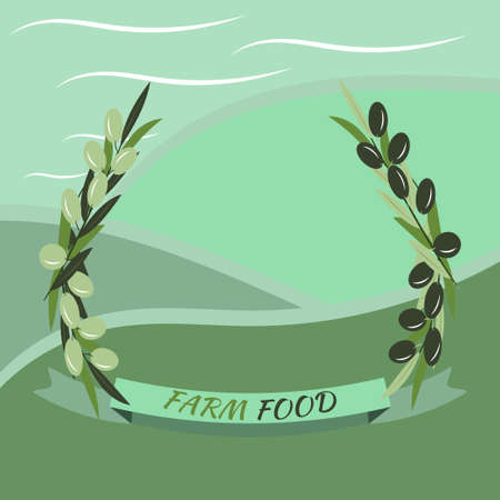 Decorative wreath of olive branches, ribbon with text Farm Food. Background landscapes of farms, meadows and fields. Vector illustration for design of sign board, poster, vegetable market, labels.のイラスト素材