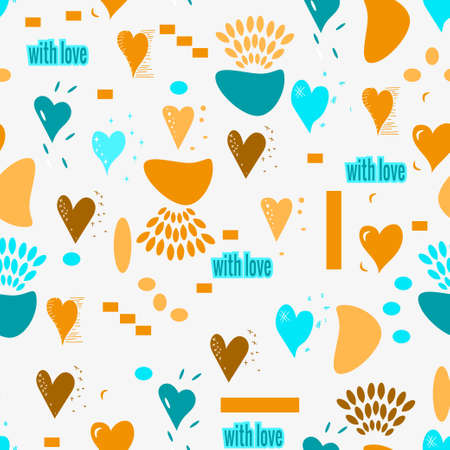 Seamless abstract background with multicolored geometric shapes, hearts, drops, spots in memphis design style. Vector drawing on white background for wallpaper, fabric, cards, social networks.のイラスト素材