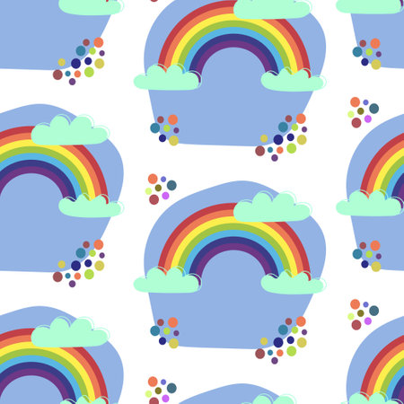 Rainbow in the clouds, child's drawing. Seamless vector illustration in cheerful bright colors for textile, background, packaging.のイラスト素材
