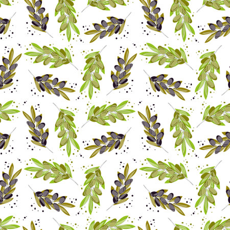 Olive tree branches with green olives and ripe olives. Vector seamless illustrations in acarel style for design, farmers market decoration, food labels, banners, stickers.のイラスト素材