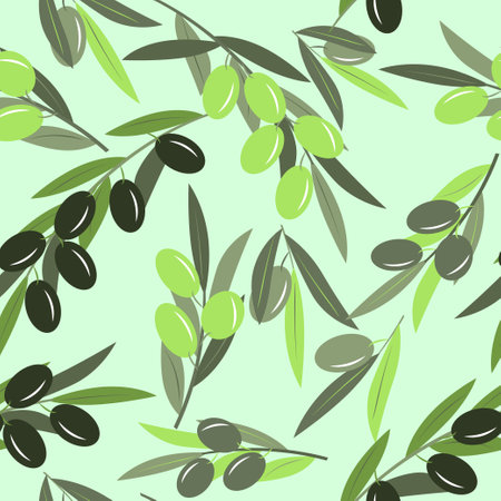 Olive tree branches with green olives. Vector seamless illustration in trendy green colors for design, farmers market decoration, food labels, banners, stickers.のイラスト素材