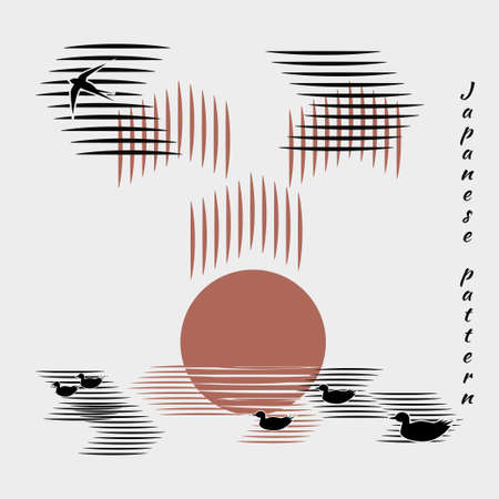 Minimalistic pattern in Japanese style. Swallows, seagulls flies into sun or sits on water. Sea, sunset, clouds on white background with black birds. Vector illustration, birds in form of hieroglyphs.のイラスト素材
