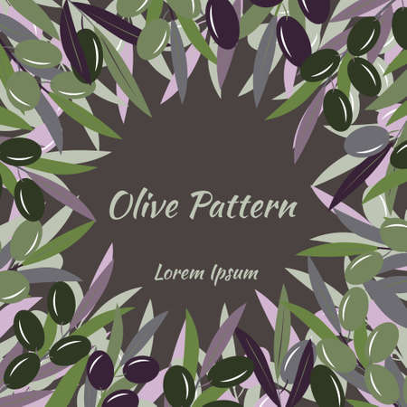Olive tree branches with green and ripe olives, round frame on dark background, place for text. Vector illustration for design, farmers market decoration, food labels, banners, advertising.のイラスト素材