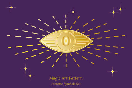 Esoteric symbol of opening of third eye of soul, sun, stars. Illustration of magic session, look into future, connection with universe. Vector drawing for tarot cards, groups, web page.のイラスト素材