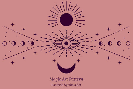 Esoteric symbol of opening of third eye of soul, Sun, stars, phases of Moon. Illustration of magic...