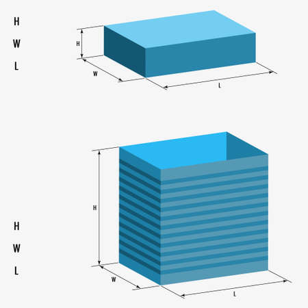 Realistic box with lid on white background, its dimensions are indicated. Open box, its length, width and height. 3D vector drawing for design booklet, diagram, magazine, presentation.のイラスト素材