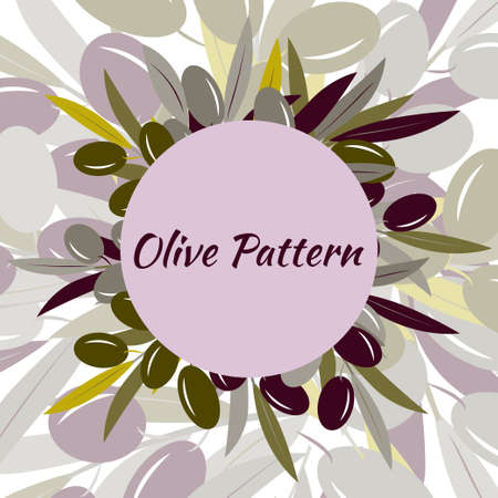 Olive tree branches with green olives, round frame, place for text. Vector illustration in trendy green colors for design, farmers market decoration, food labels, banners, advertising.のイラスト素材