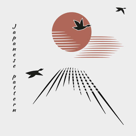 Fujiyama mountain, clouds in sky on white background with black birds. Ducks, geese fly into bright sun. Minimalistic pattern in Japanese style. Vector illustration, birds in form of hieroglyphs.のイラスト素材