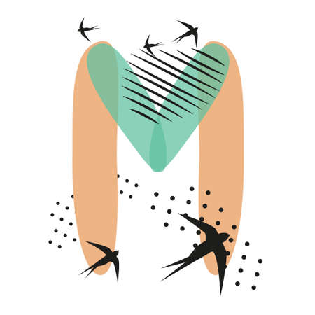 Minimalistic pattern an oriental style in form of letter M. Flock of swallows flies. Abstract objects, spots, dots, shadows in black ink and feather. Vector illustration, birds in form of hieroglyphs.のイラスト素材
