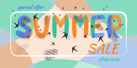 Summer banner. Seashore, sand, birds, lettering Summer Sale. Hand drawn letters. Spots, dot strokes. Vector illustration of pastel soft colors.のイラスト素材